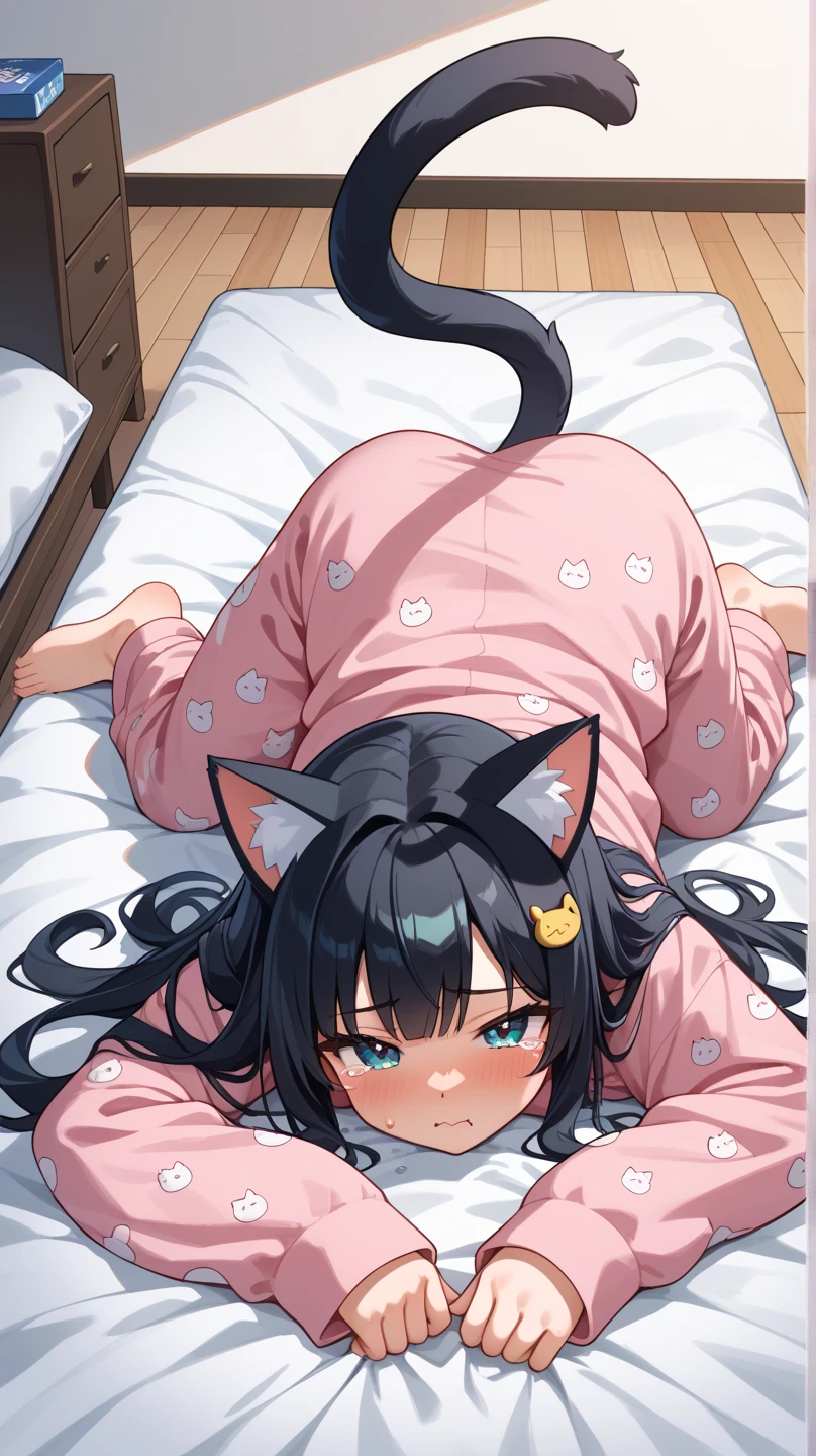 best quality, masterpiece, 1girl, kyaru, black hair, green eyes, cat ears, pajamas, smile, (on bed:1.1) <lora:kyaru-10:0.9>