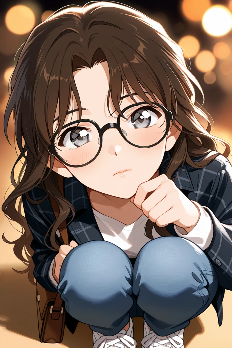 masterpiece, (realistic:1.4), hyperrealistic, cheek squash, (1boy, pov, disembodied hands), hands on another's cheeks, (1girl, teenager, glasses, school uniform, puffy cheeks), hallway