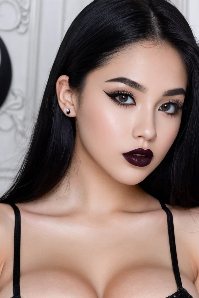 best quality、ultra-detailed、8k、Japanese、Seductive beauty、seductive adult woman、Pretty Woman、cool girl、smirk、Wicked Smile、Villainess、brainwash makeup、brainwash、Fallen into evil、Evil look、evil、Brown hair、wavy hair、swept bangs、dark makeup、piercing eyes、hollow eyes,half-closed eyes、Hollow Eyes、purple Eyeshadow、black lipstick、black lipglos、Purple Eyeshadow、black lipstick、black lip gloss、Dark Makeup、smirk、Whisper in my ear、night、inside darkroom、Kiss、I have lipstick、Are standing、Look、Offer、shoot from below