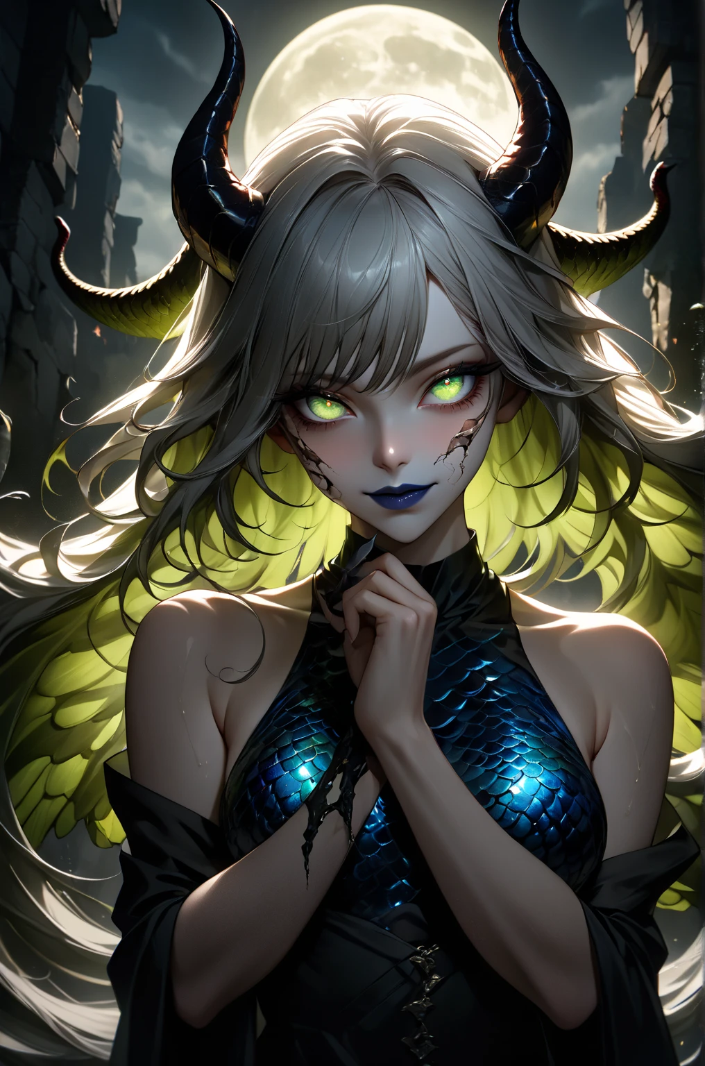 (best quality,4k,8k,highres,masterpiece:1.2, portrait), ultra-detailed, realistic, naked sexy dragon woman with glittering silver scales, skin is glittering silver scales, medium length fiery orange hair with black highlights, very playful but mischievous smile, huge tits, gigantic breasts, naked, nude, detailed crotch, detailed vulva, sexy pose, spread legs, playful, bi-coloured eyes, heterochromia, lustful