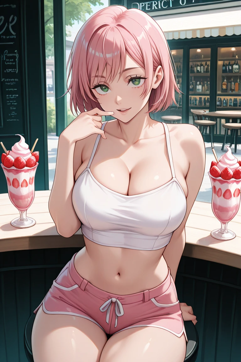 ((Highest quality, 8k, masterpiece :1.3)), (Sharp focus :1.2, Beautiful woman with perfect figure :1.4, Slim Abs :1.2), ((Big Breasts, Emphasize cleavage, The underboob is visible:1.3)), (Photorealistic:1.4), (realistic:1.4), (Pink Hair:1.5), Highly detailed face and skin texture, Fine grain, double eyelid. Makeup face, A little bit of lipstick, sex appeal, Sexy gravure pose, ((Sexy girly beauty wearing a navy blue polka dot dress。While holding iced coffee on the cafe terrace、椅子に片足を掛けたSexy gravure pose。A shiny gold bracelet。:1.3)