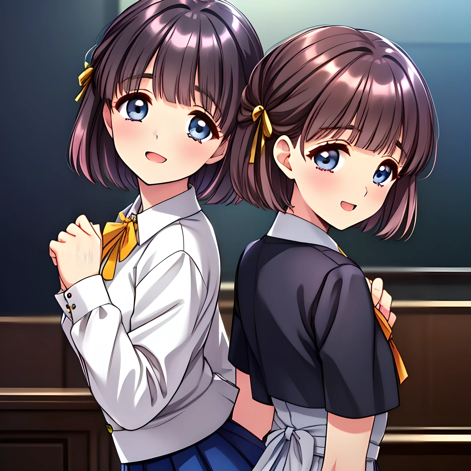 (highest quality, masterpiece:1.2), highest quality, High resolution, 1080p, 8K, (Some Too beautiful noble bewitching teachers (complex intertwined each other), (intelligent and perfectly balanced slender beautiful style), (neat & clean, strong charm, cutely tilted head, fluttering: 1.5), (Too noble beautiful heroine), ((neat innocent ears)), ((white smart face)): 1.2), (Too beautiful fascinating shiny (double-lidded) (thin (deep blue eyes)), ((deep upper girly eyelid)), laughing with detailed clearly: 1.5), ((amazingly beautiful ((short bobbed)) neat black hair : 1.5)), (slender, small grown intelligent face: 1.5), (dark blue school blazer, evil golden emblem, pleats skirt, school neck bow-tie: 1.5), (classic school's entrance background: 1.2), (too beautiful noble rich neat and clean atmosphere: 2.0), (take a short from their back: 1.5)