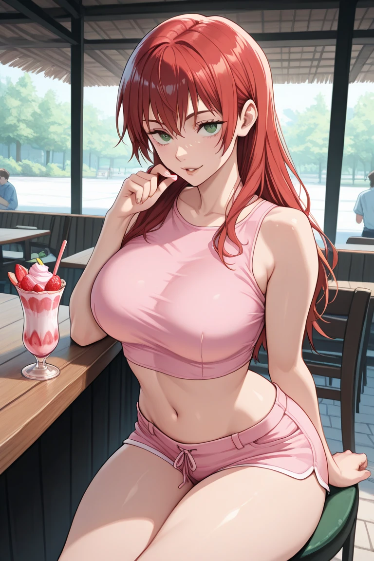 beautiful pinkish-red hair, green eyes, tanned, athletic-curvy, small breasts, Best Quality, Detailed, Perfect face, Beautiful face, 1girl, Best Quality, Highly detailed , sadistic smile pantyshot, (frombelow: 1.3), looking back, cuddling, tight sporty clothes, ass, cock buldge under clothes