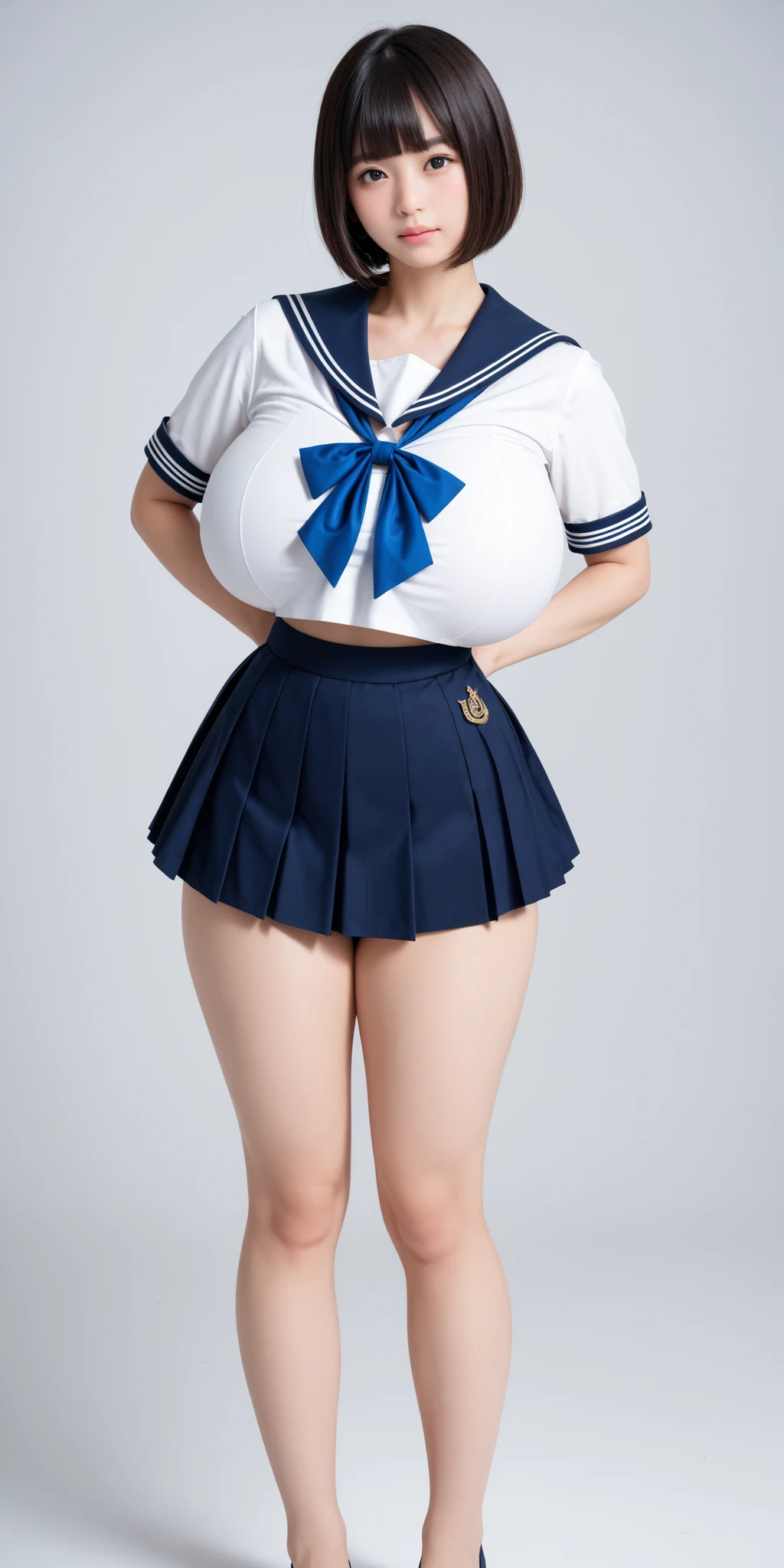 (((masterpiece))),(((High resolution)))、(((8K quality)))、(((Perfect Face)))、((Top quality eyes)), One Girl、24-years-old、Best Bust、Big Breasts、Beautiful Eyes、hot pink hair, Very short hair、blue eyes、Tight waist、Short-sleeved sailor suit、belly button、mini skirt、(full body shot), front、smile、Simple Background、In front of a white wall、Are standing