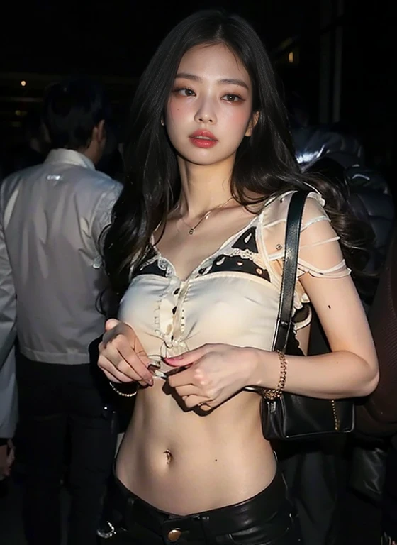((1girl)), in naked, pose at Night Club, makeup with glossy lip, small breasts, necklace, (naked with necklace:1.4), various angle, ((face focus)), 22 years old, Beautiful Korean Girl, (Crowd), ((Night Club)), Night light, ((standing)) pose, (nsfw:1.4), Bokeh, ((pubic hair))