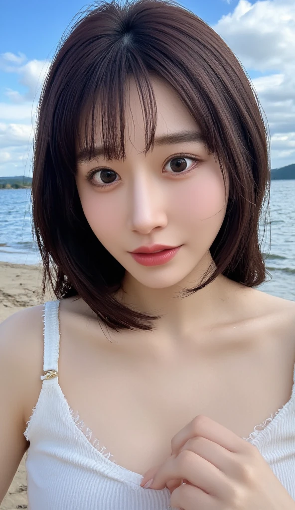 (masterpiece:1.3), (8k, Realistic, RAW Photos, Best image quality: 1.4), 16-year-old girl、(Random Hairstyles:1.2)、Highly detailed face、Attention to detail、double eyelid、Sharp focus:1.2、Beautiful woman:1.4、Light brown hair、Highest quality、masterpiece、Ultra-high resolution、(Realistic:1.4)、Highly detailed and professional lighting、Brown Knight、thin、smile、Long black hair、Deadly position、Beautiful Skin、Random Pause、Shiny Hair、Sculpture model pose、Ocean、Swimwear、Upper Body