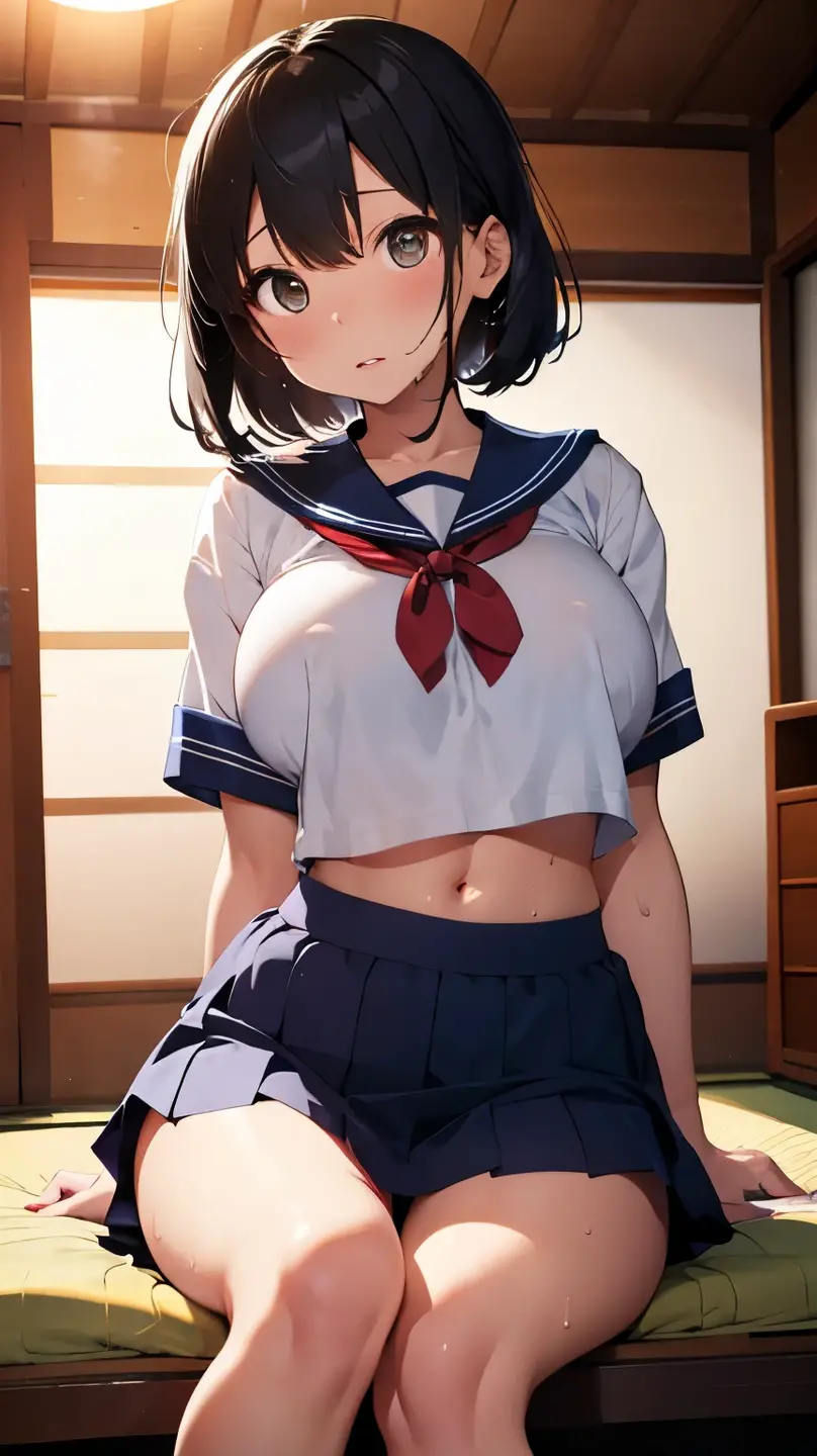 highest quality,wonderful,finely,extremely detailed CG Unity 8K wallpaper, (1 girl, black hair, double bun), (Light blue striped underwear:1.3), (see-through:1.3), (huge breasts:1.1),(sailor uniform:1.3), (bra lift:1.2), (zettai ryouiki:1.4)