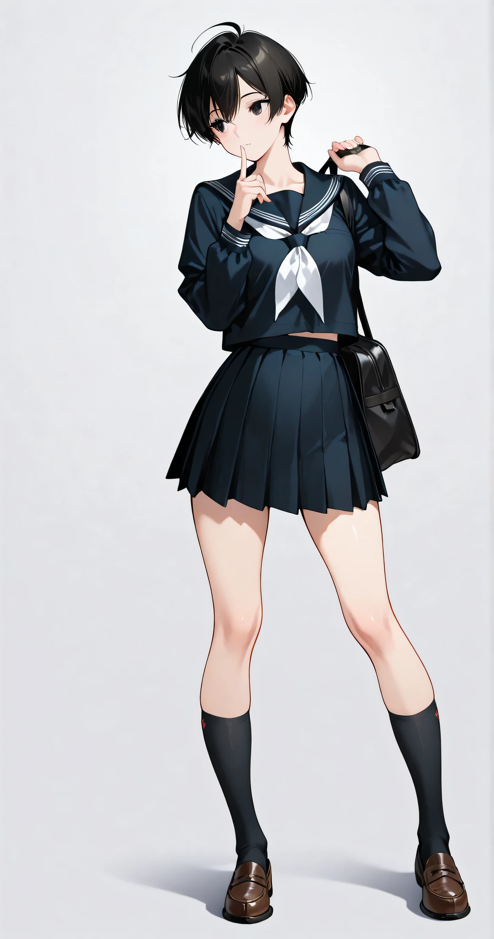 insanely detailed,
She is beautiful,
Cute anime-style girl (1.7),
Cell-shaded style, vibrant colors (1.7), 2D anime style, flat color (1.7),
Sharp focus (1.3), clear lines, crisp outlines, bold and confident outlines, thick contour lines, strong line art with refined finish,
Harmonized colors, alluring mystique, stunning clarity,
Short, messy pixie cut black hair with ahoge, glossy highlights,
Detailed black eyes with intricate irises, large highlights, subtle intensity in gaze, clear eyes (1.5),
Ultra-detailed eye contours, long eyelashes, glossy hair texture, flowing strands (1.3),
Calm, boyish beauty, delicate yet strong,
Ethereal, quiet confidence, innocent yet captivating.
Delicate facial features, pure aura, fragile yet unyielding.
White neckerchief, traditional Japanese school uniform (serafuku),
Classic black sailor uniform,
Long sleeve, black color mid-thigh pleated skirt (10cm above the knees), brown footwear, loafer, black ankle socks, holding, school bag over shoulder,　
no symbols or emblems (1.7),
Jet black fabric, 3 black stripes on collar and sleeves, simple black sailor collar, black shirt,
Backlight, white simple background,
1girl, solo, no additional characters,
Masterpiece, best quality, ultra-detailed, 8k resolution,
Perfect anatomy, no tattoos or symbols on face (2.5),
Flawless porcelain-like skin, dewy radiance,
Natural pose, slight tilt of head, finger to mouth
expressionless, look away,
full body,  extreme close-up view, 
Highly detailed face, flawless skin.