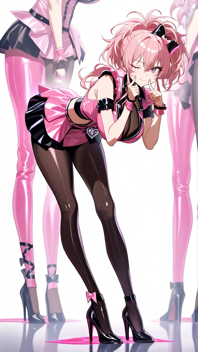 {{{{1girl, solo}}}}, {{The same face,same appearance}}, {{{{brown long hair, curly hair, hazel eyes}}}}, {{{{pink bustier, thigh high boots, high heeled boots}}}}, smile, full body