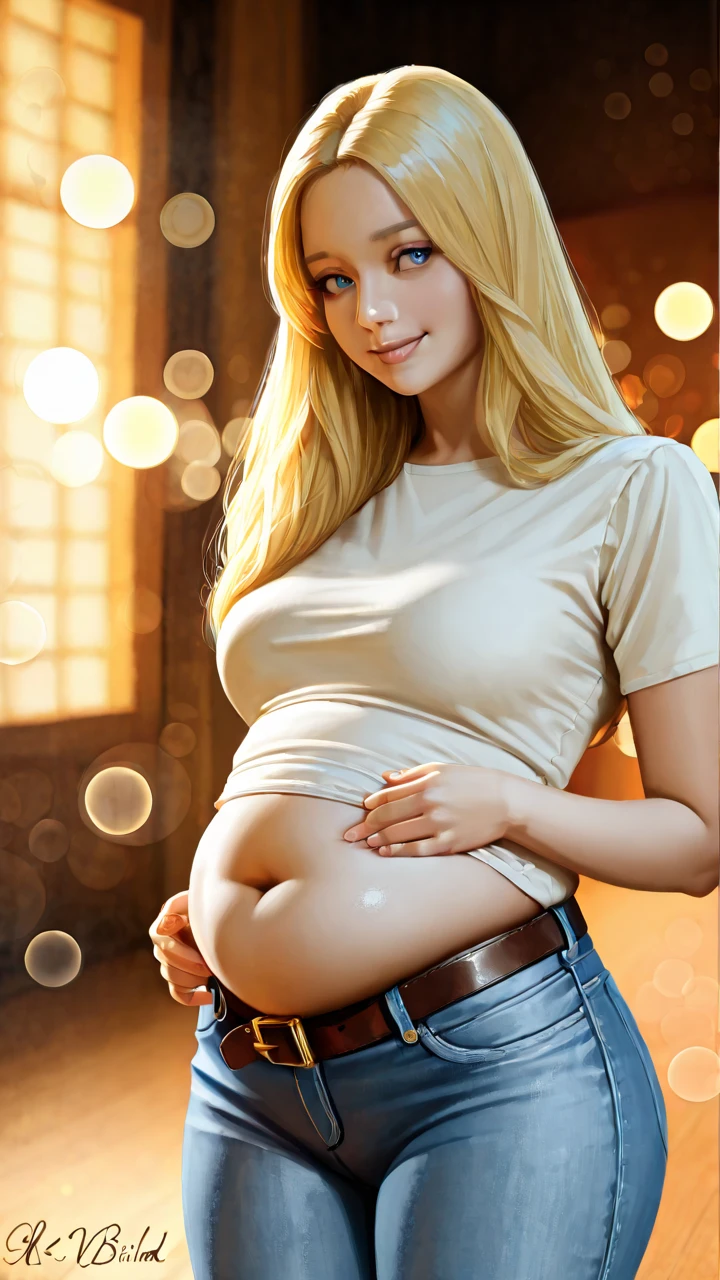 Sexy pregnant woman, cleavage, revealing sexy tight white top, blonde hair, blue jeans, small earrings, necklace, pregnant, full body shot, sexy pose,