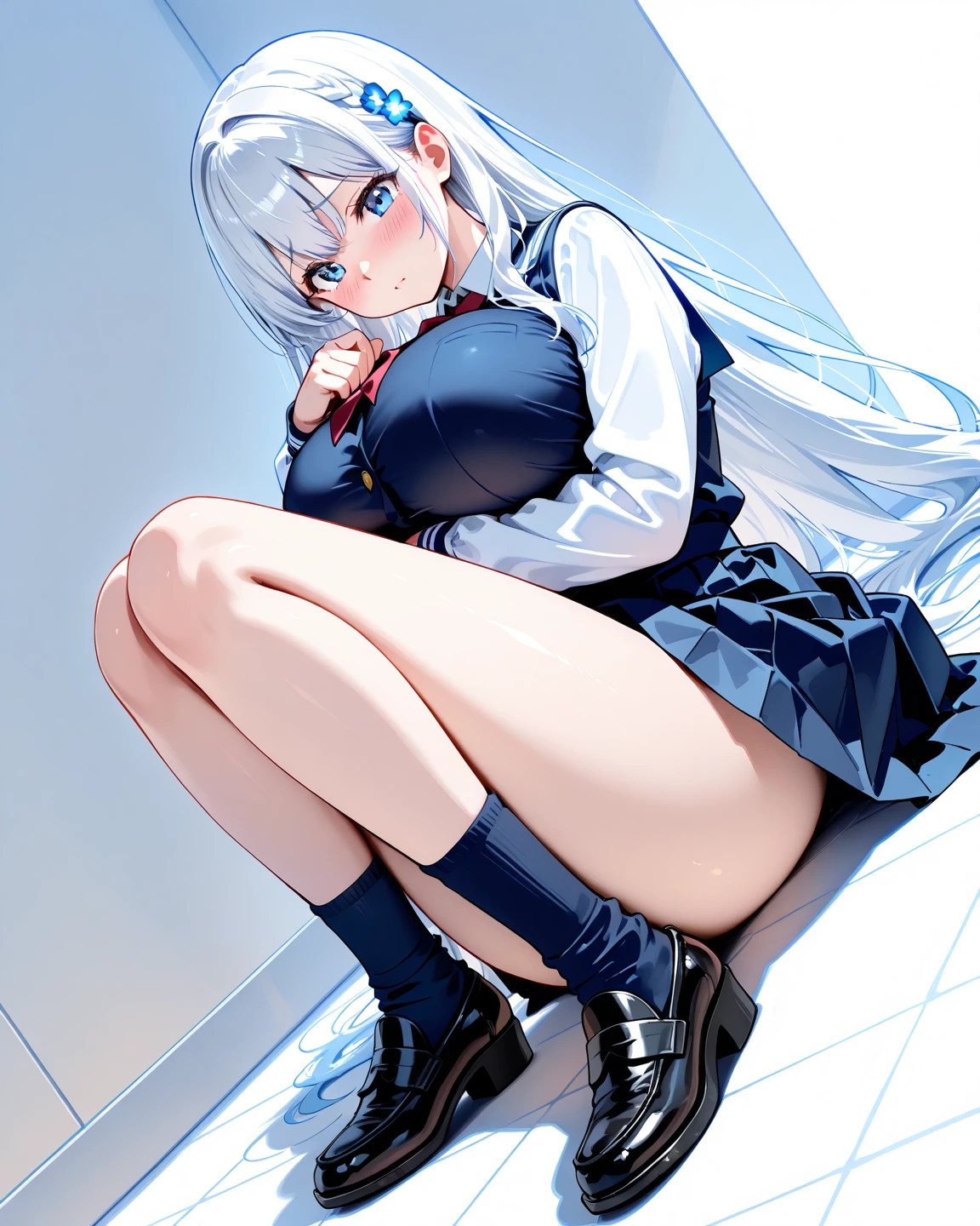 Perfect Anatomy,masterpiece、Highest quality,High resolution、Highly detailed CG,attractive way to sit,Crouching pose,1 female,alone,18-year-old、High school girl beautiful girl,Beautiful and graceful face and eyes,Big beautiful eyes,The body is slim,Small Head:,skinny,(school uniform、Blazer jacket、((White shirt))、Checkered pleated mini skirt))),(loafers),Leg spread,Satin Bra、satin panties