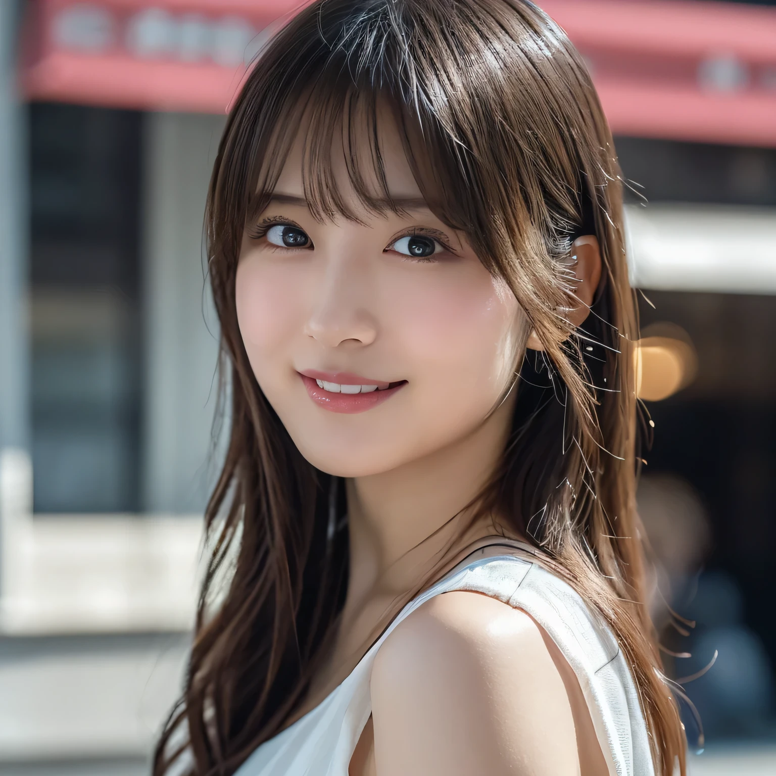highest quality, table top, ultra high resolution, (Photoreal: 1.4), Front view, Half body, famous japanese actress, revealing clothing, very beautiful woman, cute, Cinematic 35mm lens, f/1 .8, Beautiful double eyes with equal left and right eyes, 上Half bodyショット,severe idol otaku,following the crowd,smile