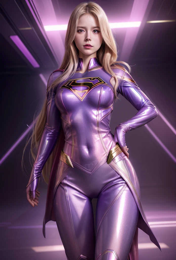 Supergirl, 27 years old, full body shot, Beautiful woman long curly blonde hair with bangs, blonde hair, blonde hair, defined body, (large_breast:1.4) Red lipstick, smiling slightly, hands free, standing facing camera, (( light blue and pink full body futuristic armor of Supergirl)), in a spaceport, (curvy:1.1)
