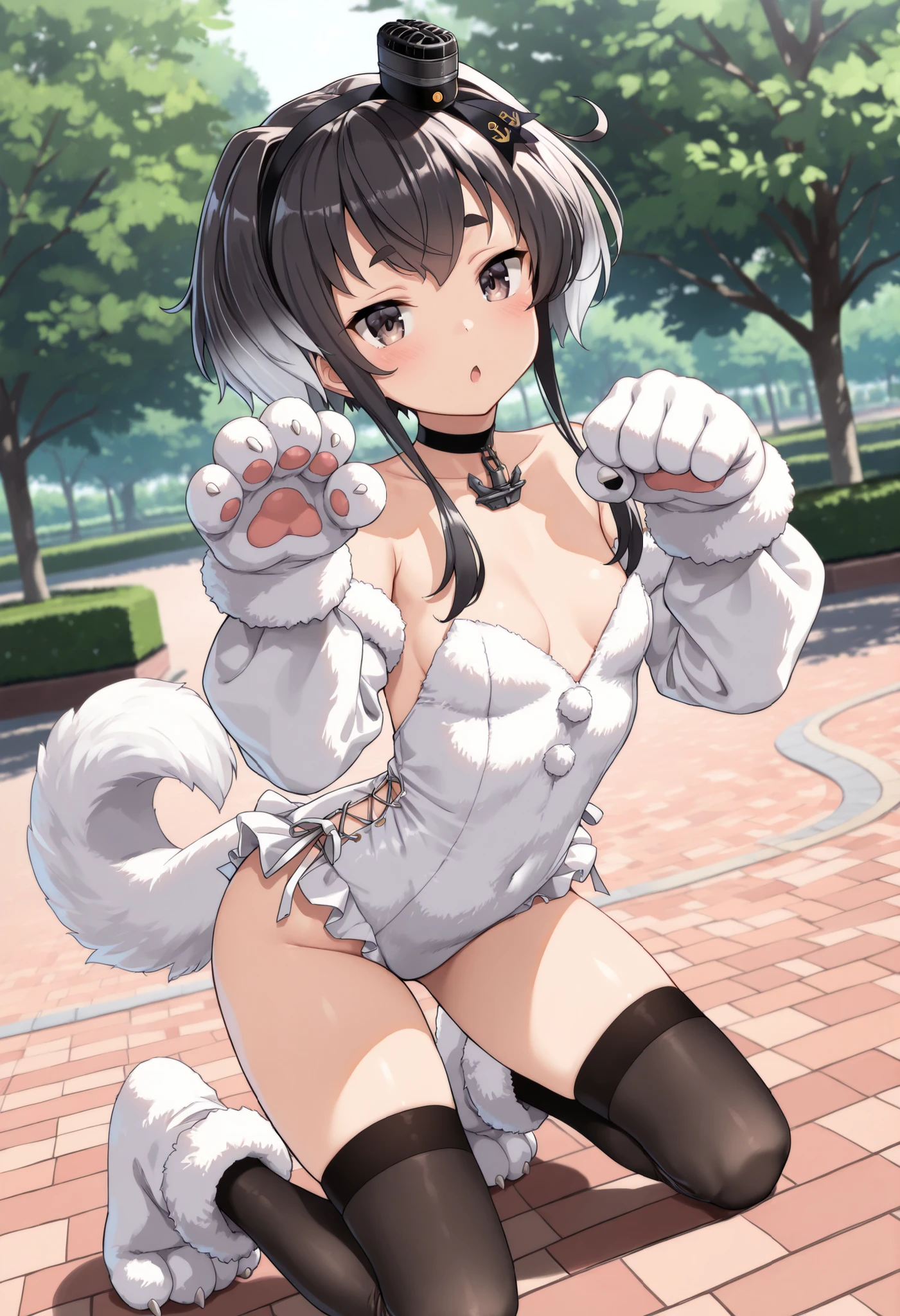 open mouth, furry cat, girl, choker, red bow, white fur, blue stockings, looking at hind legs, cat's hind legs in fluid, arousal, looking at us, tongue visible, good quality, slender body, correct proportions, two hind legs (furry feet), two front legs (furry hands), correct muzzle, semen on the muzzle, drooling, excretions, submission