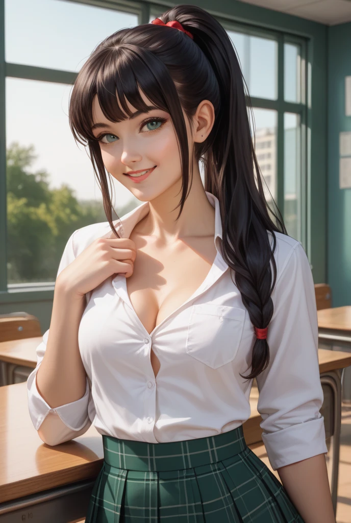 8k, RAW Photos, Highest quality, Tabletop: 1.2), (Realistic, Photorealistic: 1.37), Very detailed, 1 high school girl, Super Beauty(Like the real thing), alone, Beautiful detailed sky, Detailed Coffee, night, Sitting in the store, (Big smile: 1.1), Long brown hair Medium chest, Beautiful detailed eyes, (Collared shirt: 1.1), A bow tie, Pleated skirt, Beautiful expression Ultra-high resolution,Ultra-Realistic Skin,masterpiece,Highest qualityのPhotorealisticなRAW Photos。Bright colors,Rich colors, Backlight, Cinema Lighting, Film Grain, 50mm lens, Nikon D850,Beautiful expression,Fantasy art,Character Art,View your viewers,Top view,,Accentuate your cleavage,Dynamic pose,