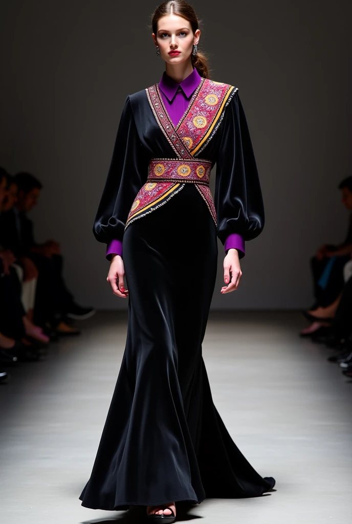 a woman walking down a runway wearing a black coat, a photo, by Emma Andijewska, baroque, clippings of a fashion magazine, pointè pose, style of james jean, cloak. extremely high details