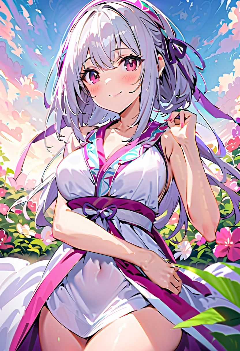 (masterpiece, top quality, best quality, beautiful), (1girl), highest detailed, parted lips,wallpaper, lefisios, detailed face, masterpiece, best quality, off shoulder, collar bone, cleavage, look at viewer, perfect fingers, armpit peek, frill, Beautiful flowers bloom, (sparkles), (There is a blooming sakura), standing under a tree, (head looking up), Look at the tree