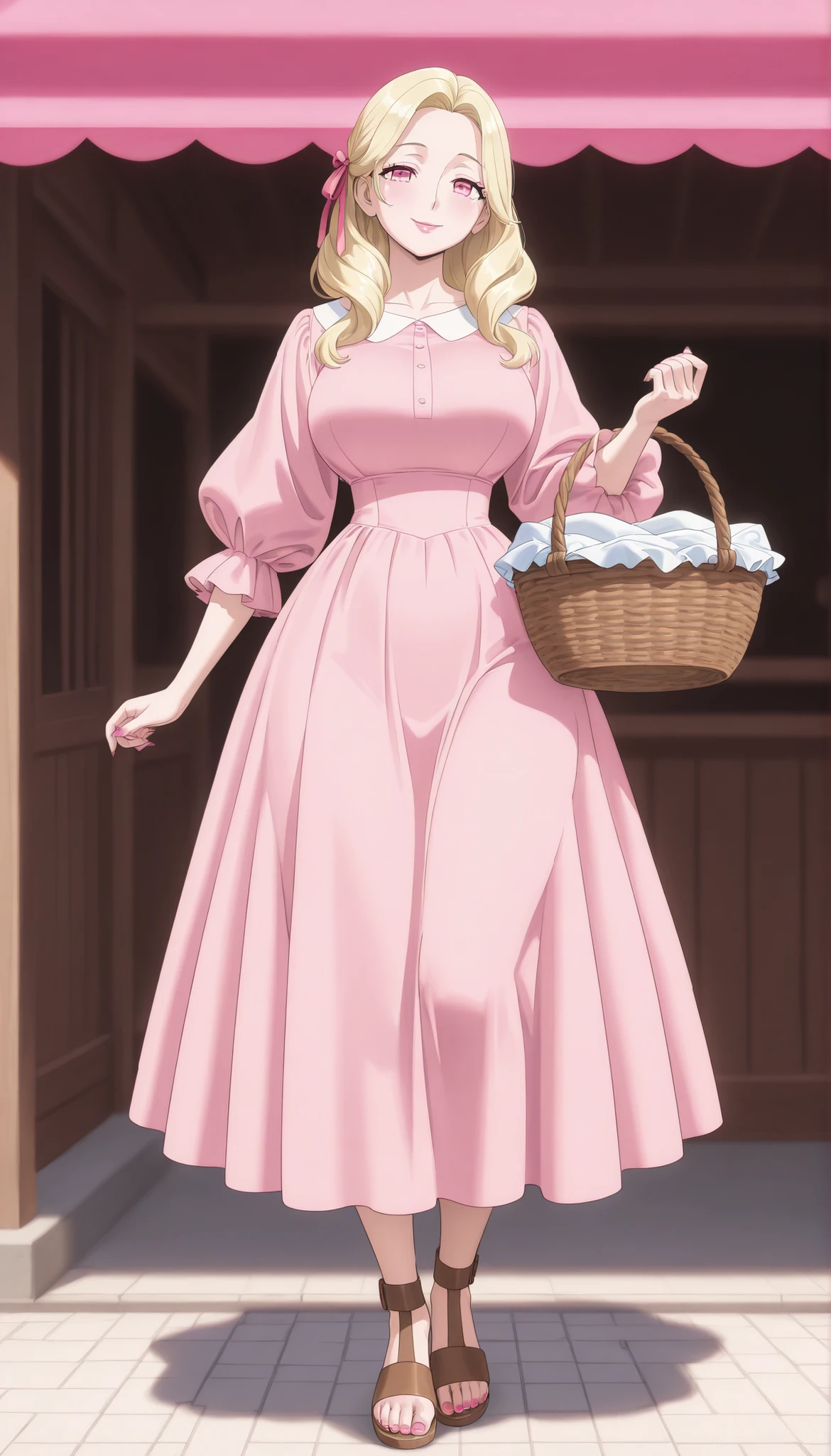 A mature beautiful woman with blond hair, extremely fair white natural skin, big pink eyes, red plump glossy lips, pink nails, a small waist, and a perfect sexy voluptuous curvy body. She's only wearing a revealing mini short pink dress with full flared puffy sleeves, one hair ribbon, and brown sandals. She's standing straight, holding one basket, kindly smiling, with full legs, and is in a market. Show her full body and super hyper-detailed.