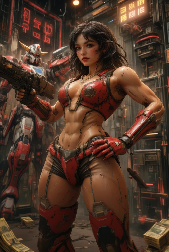there is a woman in a bikini holding a gun in front of a giant robot, by Richard Estes, trending on artstaton, youtube thumbnail, deep sea diver, red planetoid exploding, atompunk, sfw huge breasts, venus effect, cinemascope, japanese pop surrealism --ar 16:9 --v 5.1