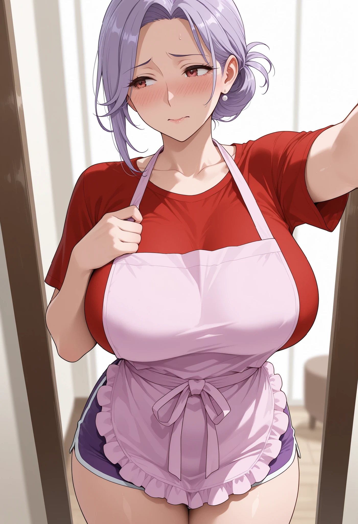 Ultra-detailed illustrations、Ultra-precise expression、masterpiece、Highest quality、ultra High resolution、High resolution、Hiromitsu Takeda Style、White background、Simple Background、One girl、solo、Mash Kyrielight、light purple hair,short hair,hair over one eyes、Naked Apron、Pink Heart Apron、Vulgar expression、smile、Open your mouth、Erect nipples、Choker of Hearts、White Breath、Sweat、Glowing Skin、shiny skin、Front angle、Hold a plate、