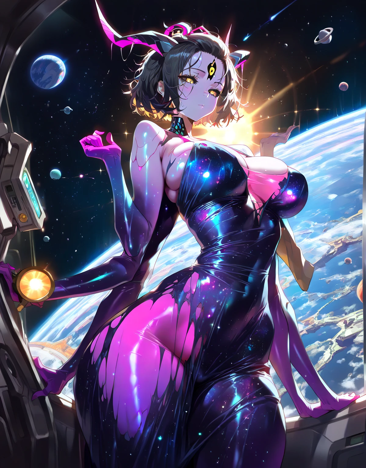 ((masterpiece, best quality;1.3)), ultra detailed, detailed background, 1girl, solo, smile,   bodysuit,Jirou Kyouka, looking at viewer, large breast,black suits,, ((completely nude)), ((breasts and areolas exposed)), ((vagina and clitoris and vulva exposed)),
school background, zero gravity,realistic, galaxy, space, flying