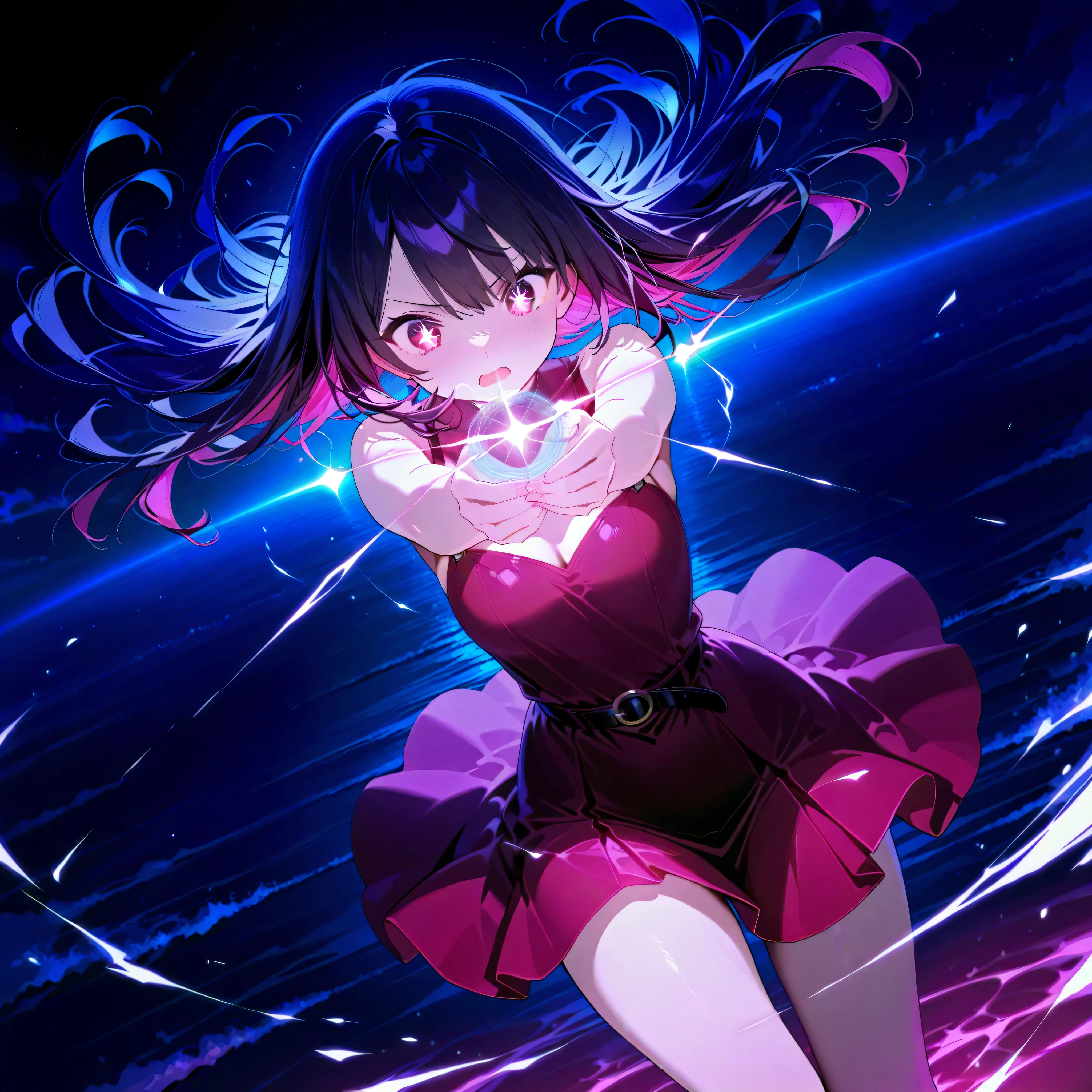 ( holographic glossy effect)),(((top quality, 8k, masterpiece: 1.3)), ((top quality)), ((masterpiece)), ( details), fully completed, Sparkling Eyes,Jet Black Hair,dress,Transformation pose,active pose, Active Action ,dynamic angle,Dynamic Action,dynamic pose