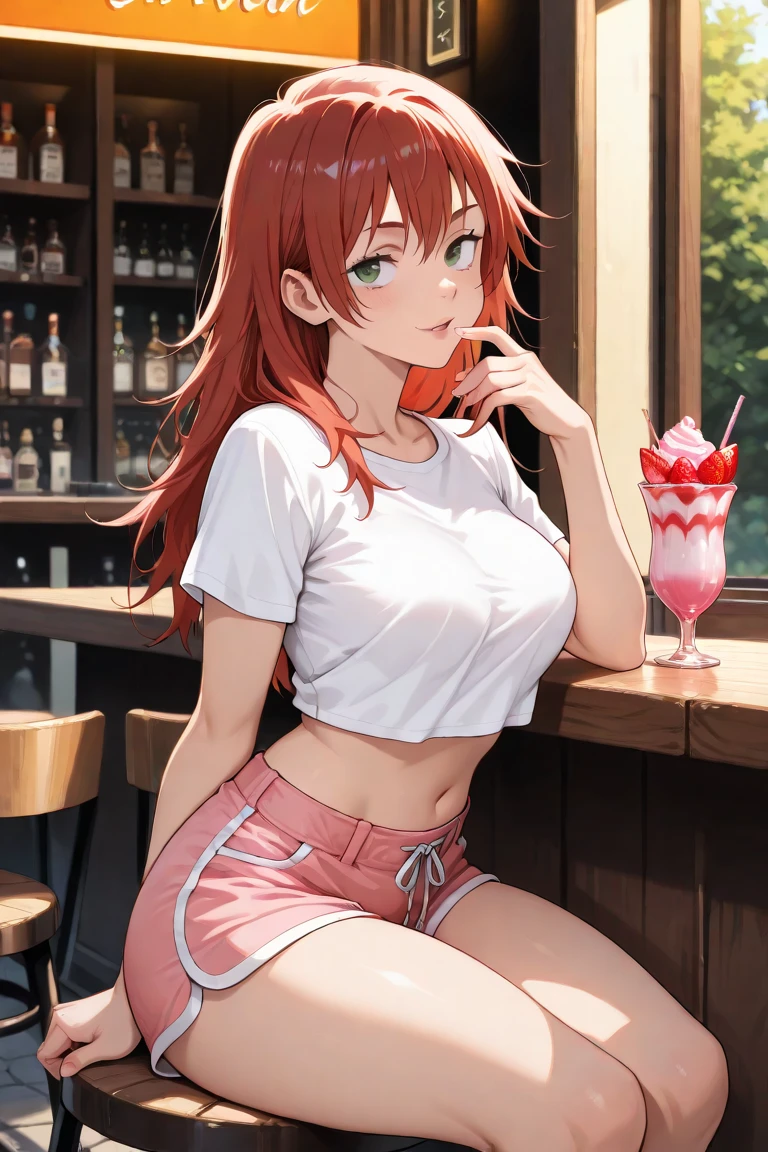 margit eberbach, eye patch, (hooters), orange shorts, white tank top, smile, naughty face, restaurant, <lora:Margit_Eberbach:0.7>