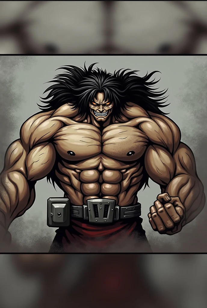 Make a dark-haired werewolf, long muzzle, red pupils, Long Tail, long and spiky hair, large breasts covered in hair, Muscular thighs covered by their hair, and six-pack abs covered by his dark hair, do her in your werewolf transformation