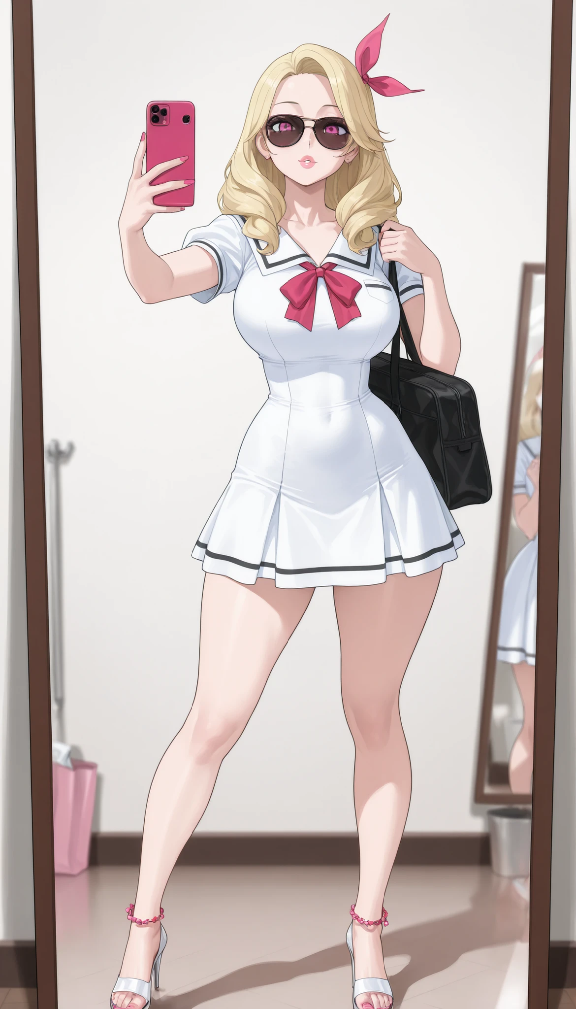 A mature beautiful woman with blond hair, extremely fair white natural skin, big pink eyes, red plump glossy lips, pink nails, a small waist, and a perfect sexy voluptuous curvy body. She's only wearing a revealing mini short Japanese school skirt uniform dress, one hair ribbon, sunglasses, chockers, feet anklets, and tall heels. She's standing straight, holding a phone, carrying a bag, taking a selfie, sexy posing, and is in front of a mirror. Show her full body and super hyper-detailed.