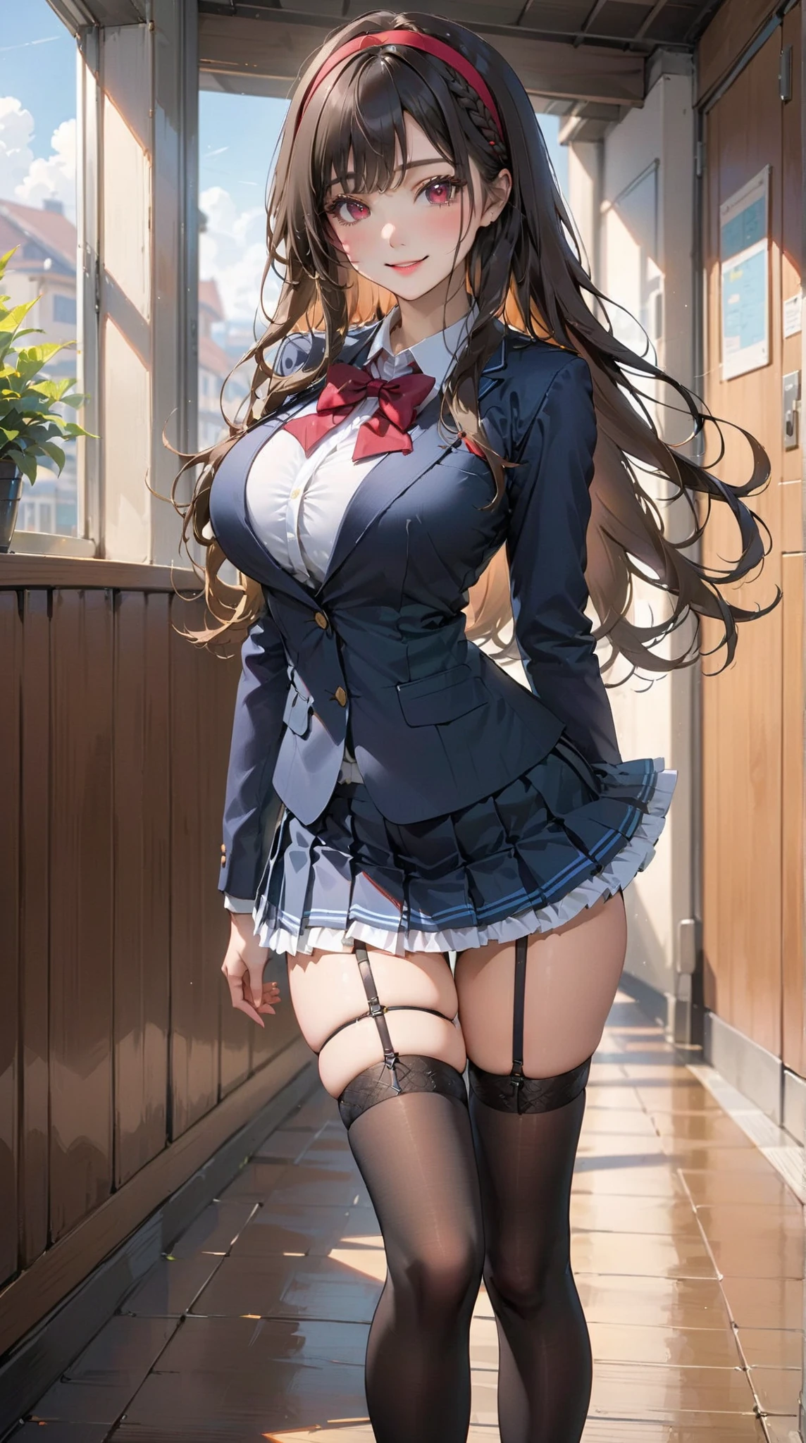 ((一人のWoman in underwearはセクシーに歩いている:1.5)), Beautiful Anime Women, Beautiful art style, Anime characters, ((Smooth texture, Realistic texture, Anime CG Style)), ((Highest quality)), (Very detailed), (Very detailed CG 統合 8k 壁紙), Very detailed, High-resolution RAW color photos, Professional photography, (Brown Hair, Stylish hairstyle:1.1), Great face and eyes, Beautiful and big breasts, Slender body, (Stunningly beautiful woman), (Detailed face:1.2), (Office corridor, There is a window in the hallway:1.4), (Many men in suits are walking in the background:1.5), ((Bow tie around neck:1.3), (Black high heels:1.1), (Sexy and cute red underwear:1.3), (Stylish shiny red satin panties, Side-tie panties, Panties with plain red center and lace decoration on the sides:1.3), (Thin panties:1.3), (Red Micro Lace Satin Bra, Red bra with lace trim, Thin bra:1.3), (lace garter belt, Garter Strings, Knee socks:1.3):1.3), (naked, Woman in underwear, 女性はブラとパンティとKnee socksとガーターベルトだけを着用:1.5), Exact number of arms, Exact number of legs, Perfect Anatomy, (Embarrassed expression, Surprised expression), Angle from the front, Exact finger count、Exact number of legs、(Exact number of arms:1.0, Exact number of hands:1.0), (Perfect hands, Perfect Anatomy)