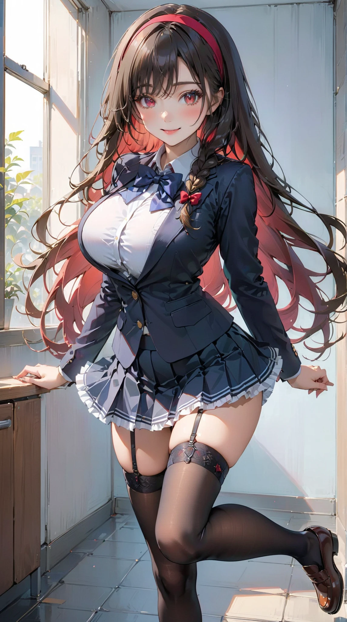 On the school campus, stands out a girl with wide hips, large K-cup breasts, prominent buttocks, and a voluptuous figure. Her hair, divided into half red and half black, along with intense red eyes, highlights her unique style and determination. Wearing a daring school uniform with a short skirt and generous neckline, paired with tight fishnet stockings, her presence defies conventions by blending elegance and boldness.