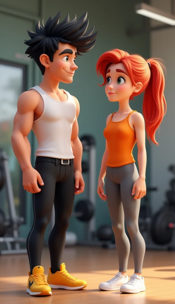 A muscular girl in a sports bra leads a thin boy walking down the street, the girl holds the boy's hand, the girl's abs are distinct, the boy is shorter than the girl, the boy is skinny, high quality, 8k, outdoor natural light, sense of humor, sense of dislocation, funny
