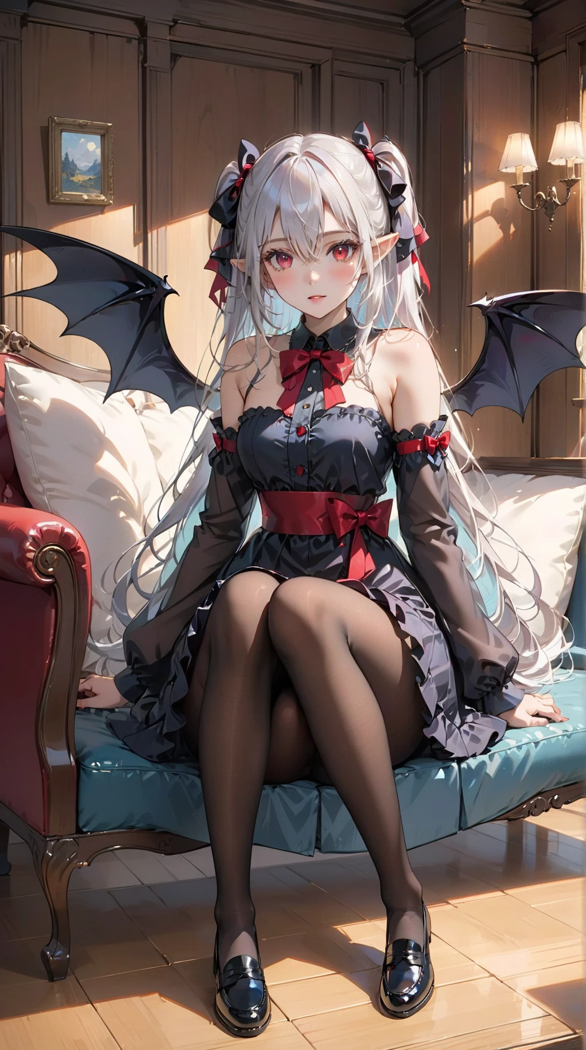Realistic portrait. Photograph. High image quality. 4k。 Create an image of an adorable 12-year-old girl who is a wizard. She is a breathtaking beauty that attracts everyone's attention. She has long white hair and striking red eyes. The chest is small, the legs are not thick. She wears a red dress that complements her appearance, underwear white pants. The skirt is short enough to reveal the pants, and she wears a headband on her head, symbolizing her in the shape of bat wings. Draw her in a pose that represents her magical powers. In the background is a magical forest and places decorated with magic symbols and runes, creating an enchanting atmosphere worthy of a wizard. Camel toe. Vagina. Nipple. Sit with your legs wide open. There are no feathers on the back.