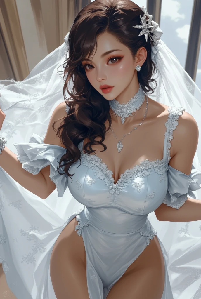 (masutepiece: 1.3), (max resolution: 1.2), (Ultra HDTV: 1.2), cinematric light, 8K resolution, Detailed eyes and skin, detailed facial features, , (Sharp Focus: 1.2), (Focus on Face:1.2),Perfect Style, Beautiful face, acurate, Anatomically correct, Highly detailed face and skin texture, Detailed eyes, Double eyelids, Thin eyebrows, Glitter Eyeliner: 1 Natural cheeks, Glossy skin, Fair skin: 1.2, (Glossy lips: 1.4),、 (Shy look: 1.2),Highly detailed facial and skin texture, Detailed eyes, Double eyelids, Natural cheeks, , shiny lips: 1.4,Exposed cleavage、(A large amount of sperm in the chest:1.4)(Large amount of sperm in the thighs:1.2)、 red blush、humiliated、impatience、dismay、Frightened、glares、embarrassed from、Open knees、open one's legs、Masturbation behavior、masturbation、stroking the chest、White underwear、White bra、Shiny little earrings and necklaces、、Disheveled clothes、Dressing、Exposed panties、Wearing sweat、Stockings、Sweaty thighs、Sheer underwear、 25 years old, Neat and clean woman 、Wavy Hair、 a blond、blue eyes、Semi-long hair, Big, upturned breasts, Sitting on the floor, chies、(weddingdress:1.6)、veils、0