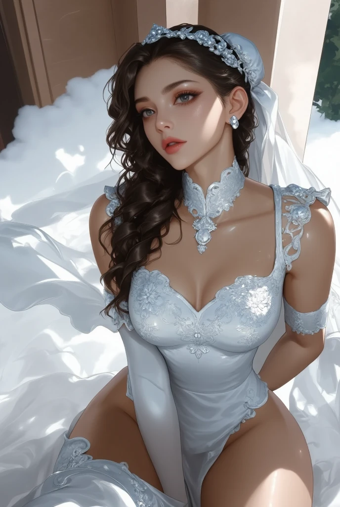 (masterpiece:1.2, highest quality), realistic, (real picture, intricate details, Depth of the bounds written,white high neck clothes), parted lips, very detailed, perfect face, perfect body, large model,indoor background,transparent nipples,
mature woman, expensive, long legs, Separate top and bottom costumes,
natural bokeh background,Costume with large open chest,revealing costumes,The lower body is only underwear,Only the upper body is dressed,random hairstyles