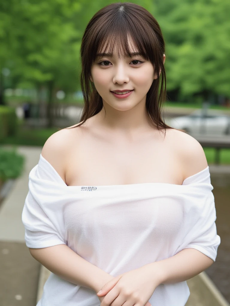 (top-quality, masterpiece:1.3, 超A high resolution), (ultra-detailliert, Caustics), (Photorealsitic:1.4, RAW shooting), Ultra-realistic capture, A highly detailed, high-definition 16K for human skin, Cute and lovely Korean girl, sit Soak in Deep river, bamboo tree, in forest, water Filled with Cambodian petals, clean and clear water sea, (Large breast), white body press t-shirt, mega big under tshirt, wet clothes, wet body effect , rain effect, Skin texture is natural, The skin looks healthy with an even tone, Use natural light and color, A dark-haired, long hair, smile, Full face with expression mod, (depth of fields, chromatic abberation, large breast:1.2, expose cleavage, Wide range of lighting, Natural Shading), (Exterior light at night:1.4).