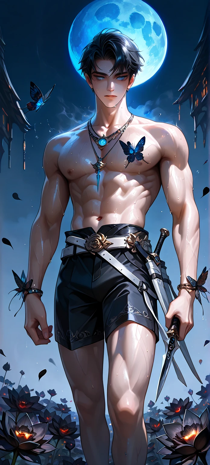  There are blue spots on the body., Wearing Azual underwear with metal details, In the background is a forest., hard disk, Surrealism, Middle Ages, blue leather, metal details, thick hair on legs