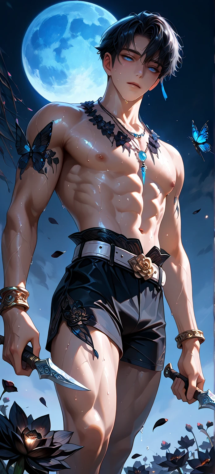 A young man, big chest muscles, showing abs, black hair, smile, exposed thighs, thong, colored feathers, metal ornaments, colorful flowers, particles, light, (masterpiece, top quality, best quality, official art, beautiful and aesthetic:1.2), (1man:1.3), extremely detailed, (fractal art:1.1),(colorful:1.1)(flowers:1.3),highest detailed,(zentangle:1.2), (dynamic pose), (abstract background:1.3), (shiny skin), (many colors:1.4), ,(earrings:1.4), (feathers:1.4)
