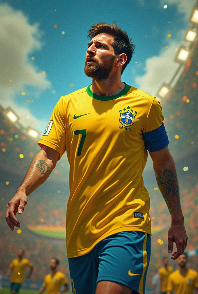A man with a brazil jursy and baground brazil fluge and beatyful sky beside a toffy fifa world cup