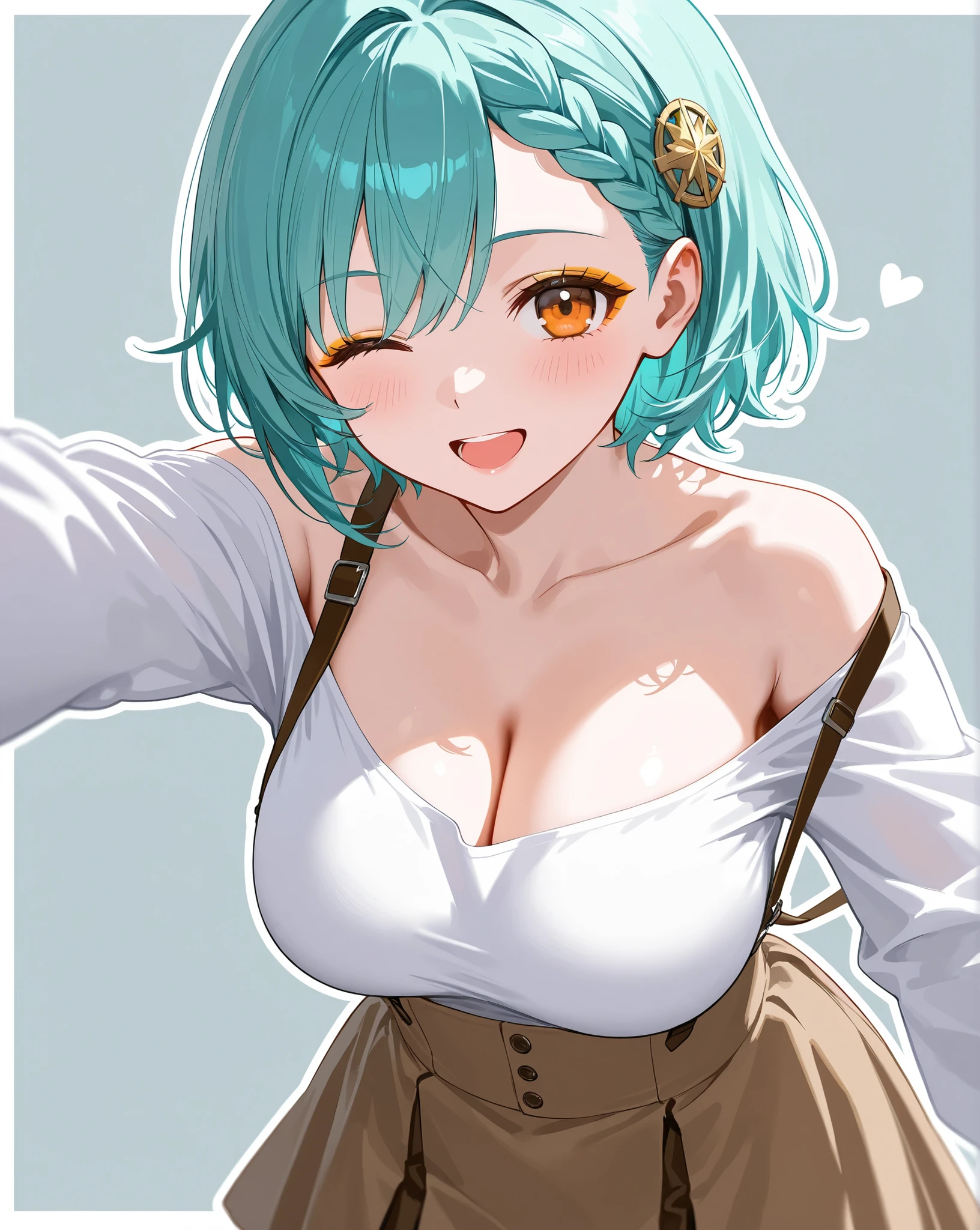 1girl, (solo), (best quality), 8k, aqua hair, short hair, braided bangs hairstyle, orange eyes, golden eyeshadow,  ;d breasts brown_skirt cleavage collarbone hair_ornament high-waist_skirt large_breasts long_sleeves looking_at_viewer off_shoulder one_eye_closed open_mouth outline outstretched_arm shirt skirt solo suspender_skirt suspenders white_outline white_shirt