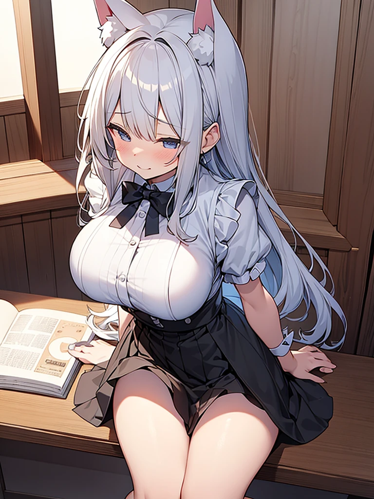 realistic, 1girl, white hair, purple eyes, glowing eyes, parted lips, blush, indoors, school uniform, white shirt, short black skirt, panties, upskirt, cleavage, huge breasts, breast focus, elf ears, full body, white thighhighs, longhair, black hairband, wet, dripping, sexy, knelling