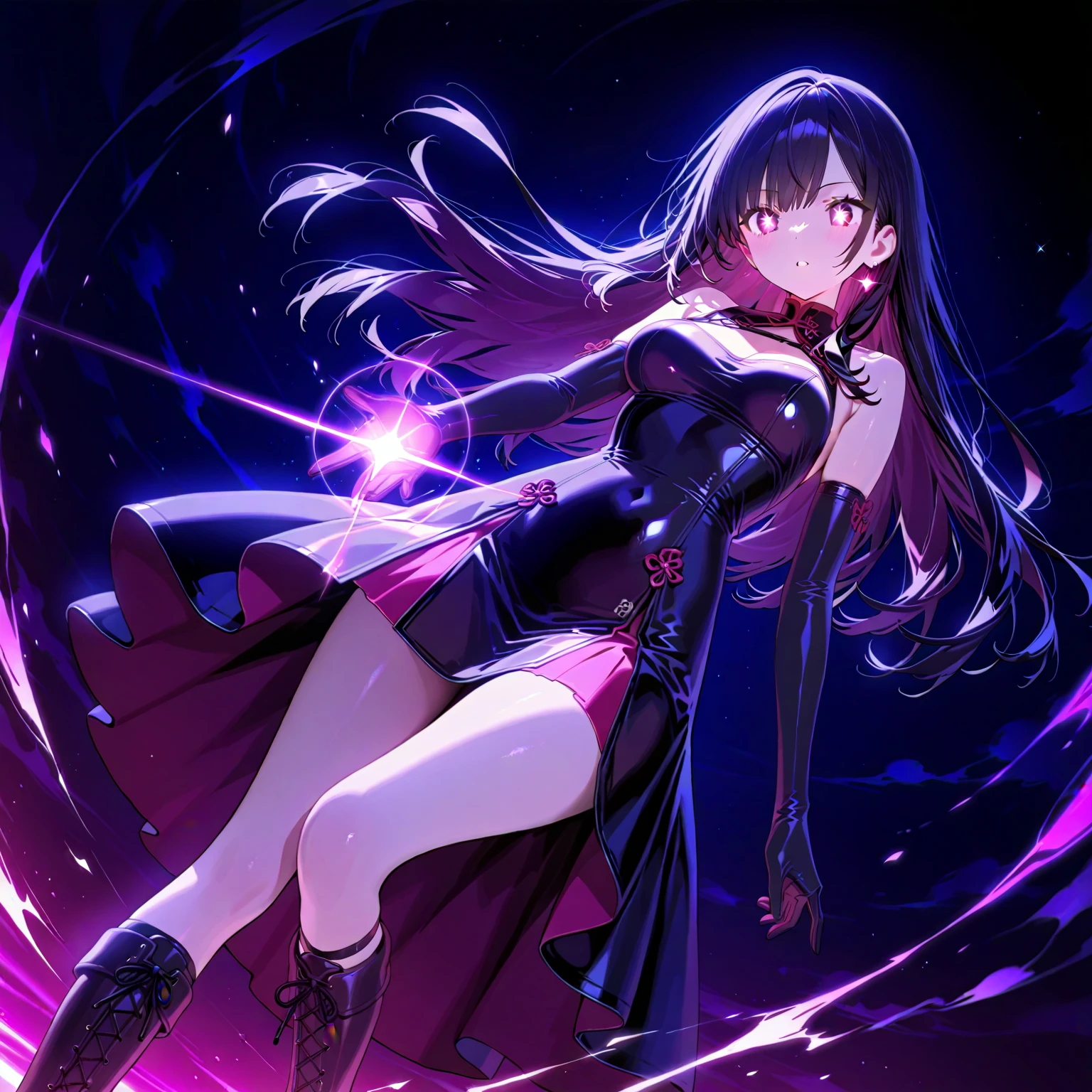 masterpiece, best quality, masterpiece, (1girl), (LLChar), evil witch, dark energy, void, empty eyes, (extremely evil), dark magic, dark forest, negaive energy, hell, void, stars, black hair,