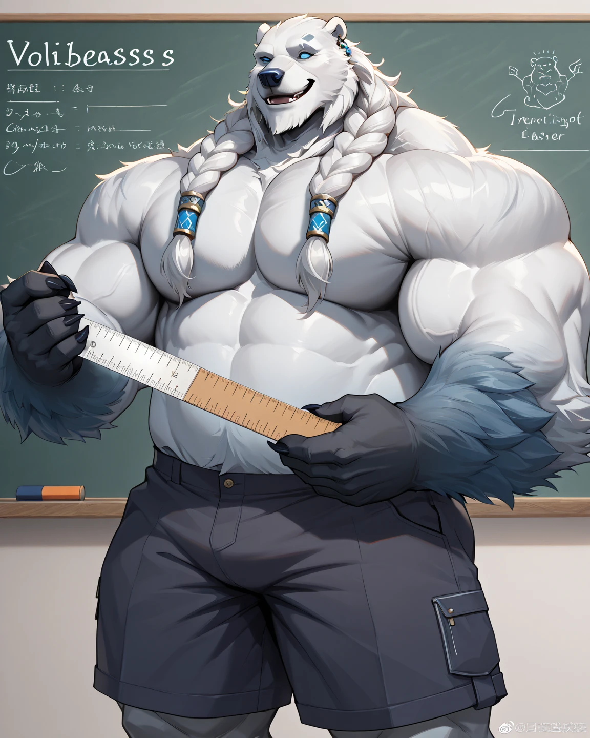 classroom、Black Wolf、Male wolf、(((Bodybuilder)))、Upper body naked、Navy blue shorts、A whistle is hanging from his neck.、laughing、Mouth open、(Thick arms)、Thick legs、Spread your legs、((Sweating profusely))