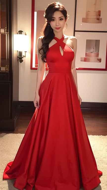 Long dark brown hair, smiling slightly, beautiful visuals, red nails, cute, kpop member, beautiful, red kpop idol dress with blacked heeled boots, red head accessories, fluffy dress, badass dress, kpop idol makeup, red dress, red dress, posing beautifully