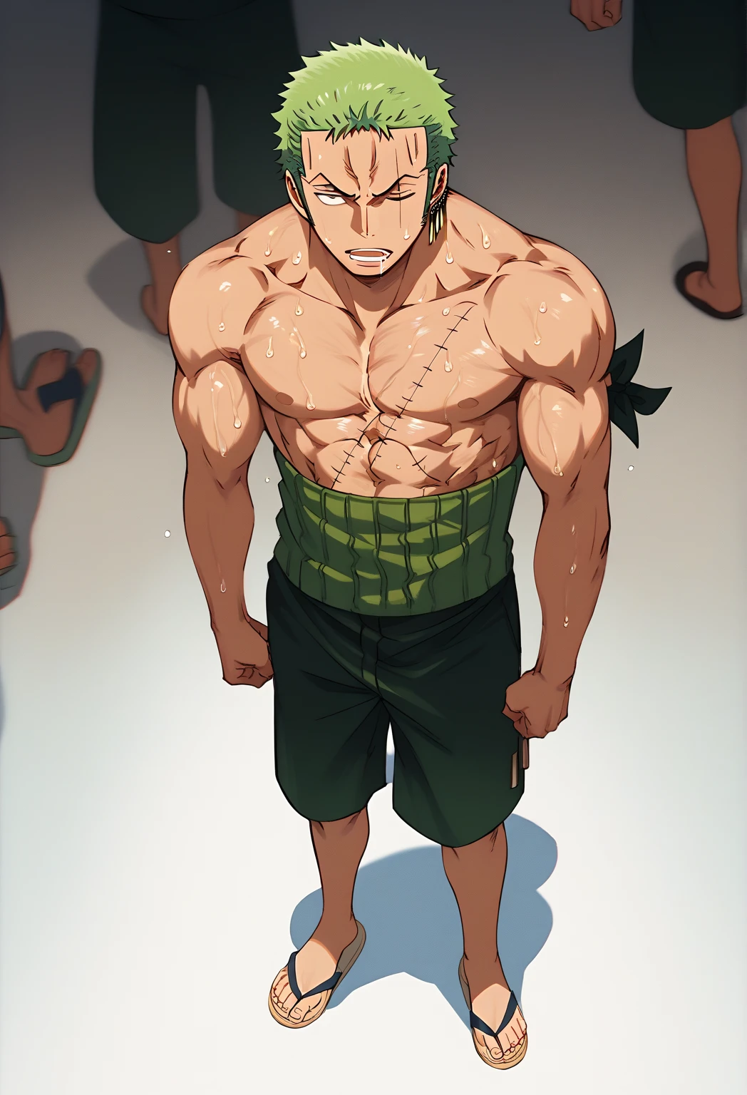 Zoro from one piece in thriller bark episode where he stands straight and his face and body covered in wounds and bloods