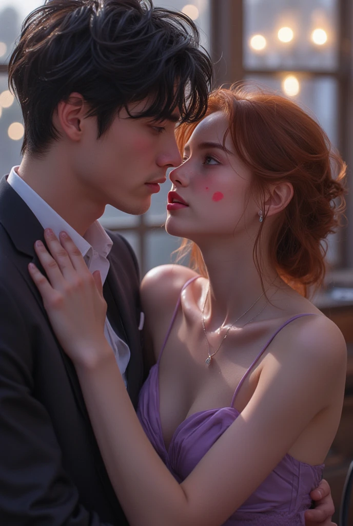 Masterpiece, best quality, super detailed, illustration, beautiful detailed eyes, close up, with a boy and a girl. It was pink hair, white pleated shirt, cracked button on the chest, skirt. The boy is black hair, black suit, black pants. Boys and girls kissing in car, heavy rain weather