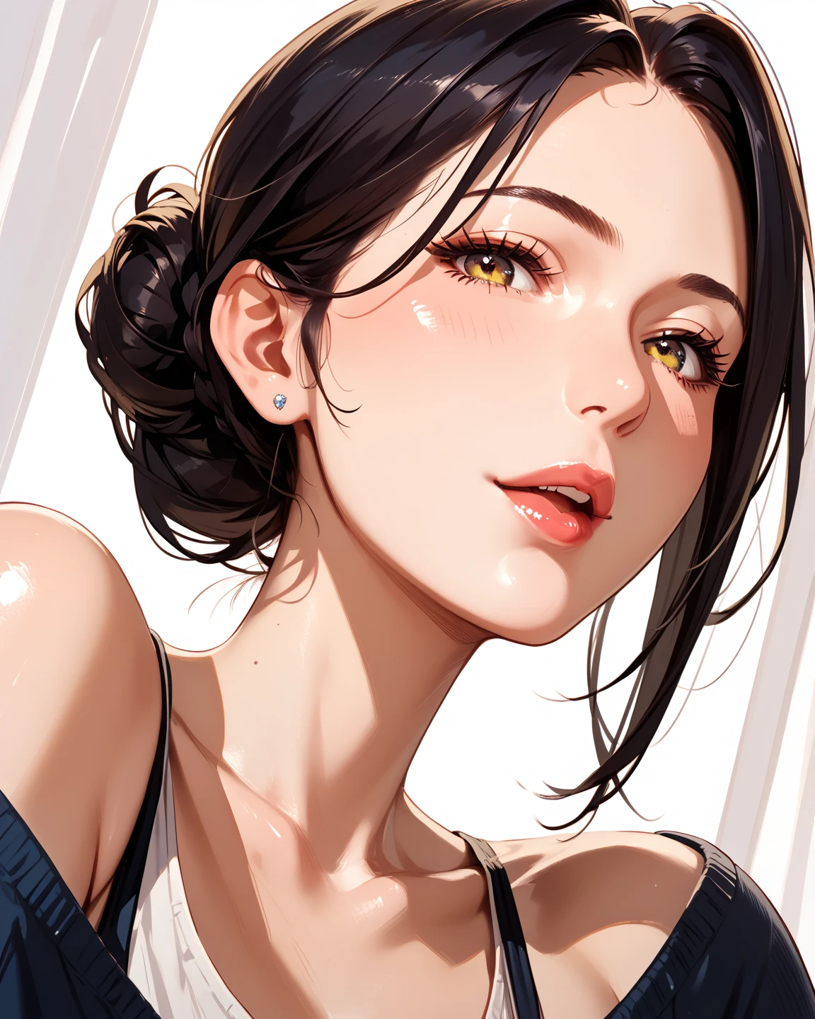 (1woman, mature, hair braid bun ,mini top, long star earrings , detailed alluring