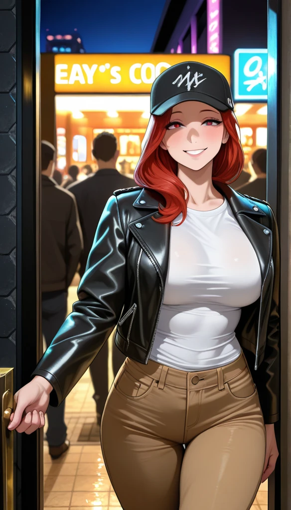 Masterpiece, dark orange hair, perfect face, busty, light beige trench coat, white shirt, black skirt