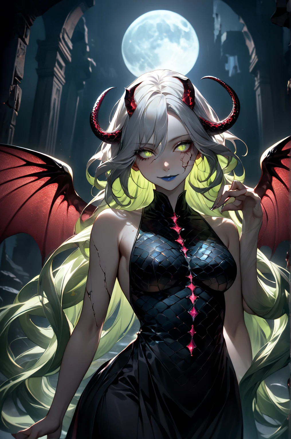 Young girl, red-eyes, White long hair, eye in the forehead, smirk, Cut mouth, sharp teeth, 4 Horns, tail, tentacles all over the body, wings