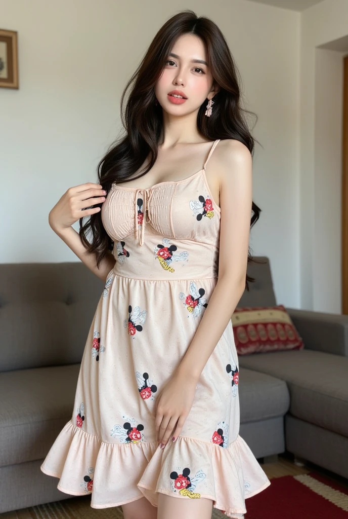 Gorgeus Girl, Beautiful, Baby Face, 20 Years Old, White Skin, Sexy Pose, yellow sagging dress, Blue Eye, Bokeh, livingroom Background, Masterpiece, Fullbody Shot